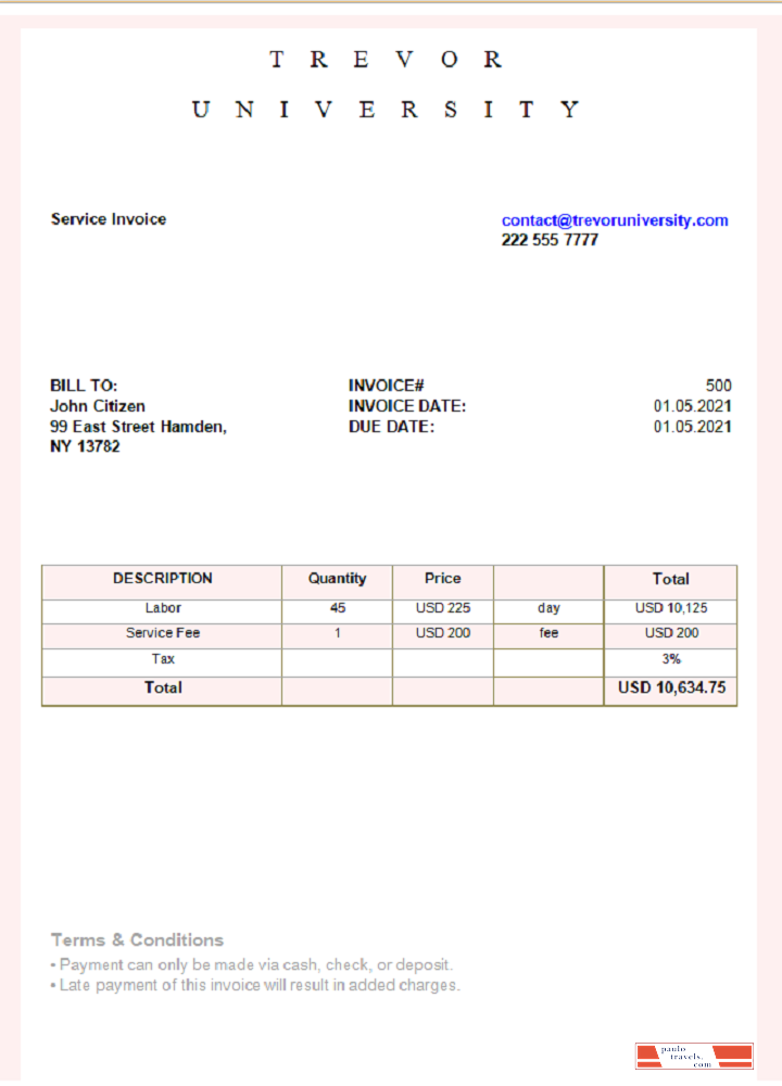 USA Trevor University invoice PSD template
